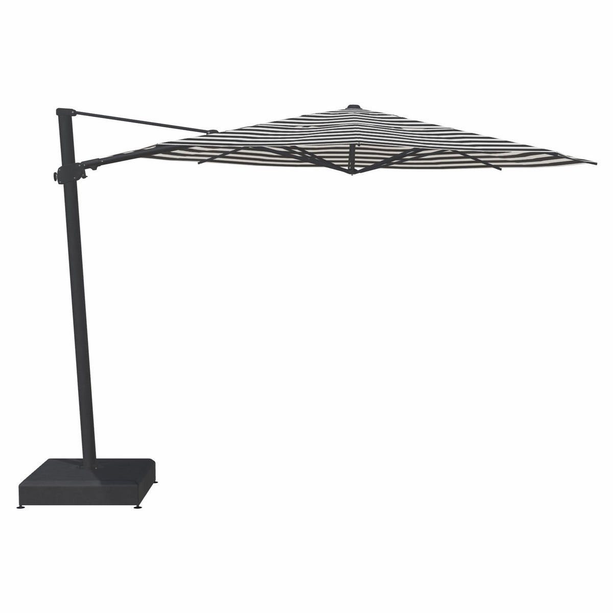 Black patio umbrella with stand on a white background