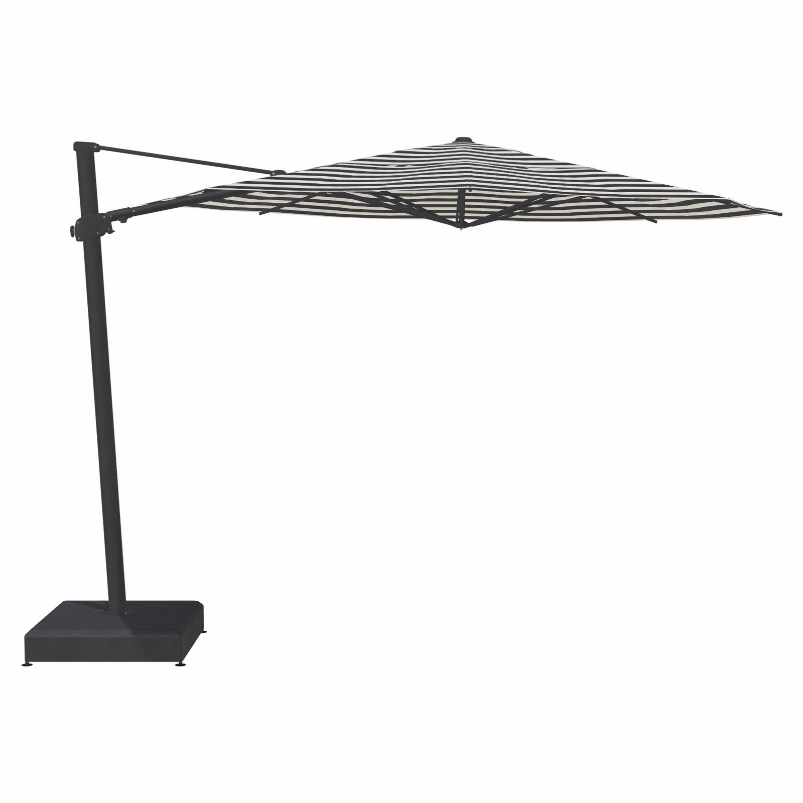 Black patio umbrella with stand on a white background