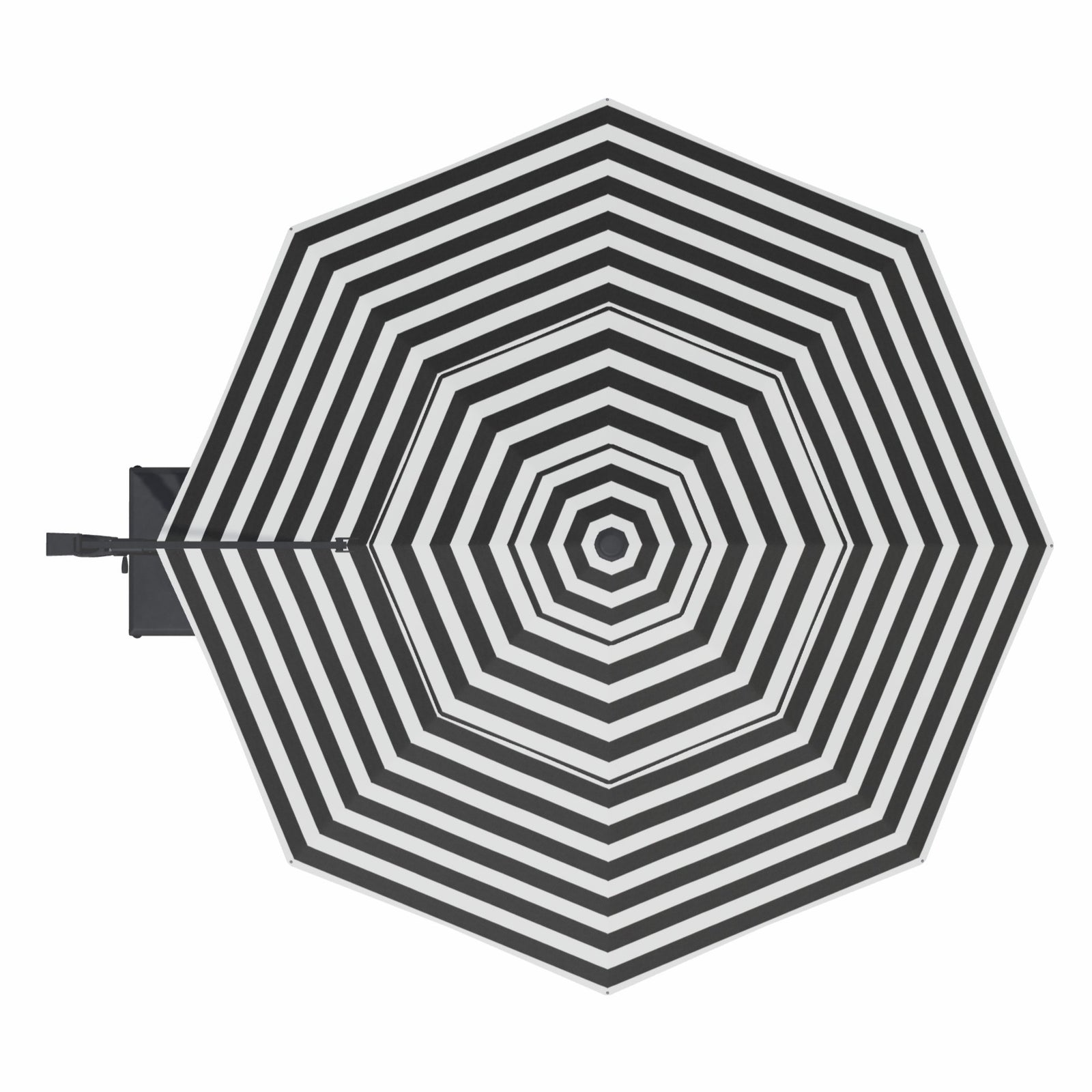 Black patio umbrella with stand on a white background