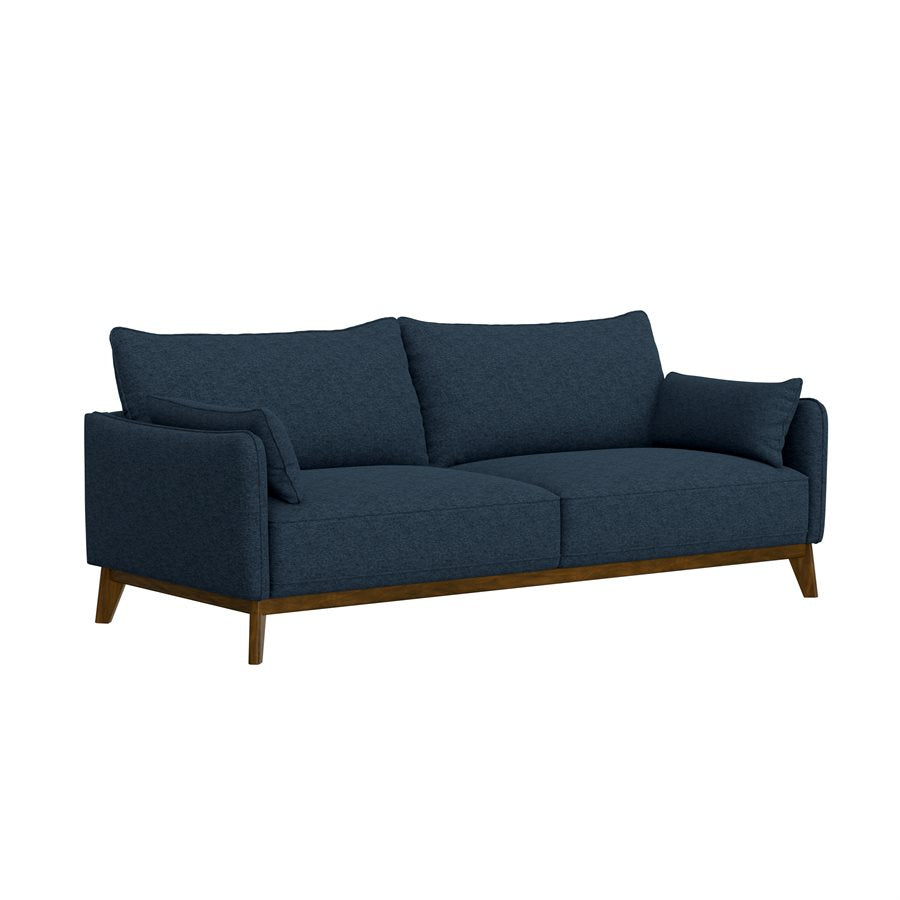 Aria Sofa, blue fabric, wood frame and beautiful wooden legs.