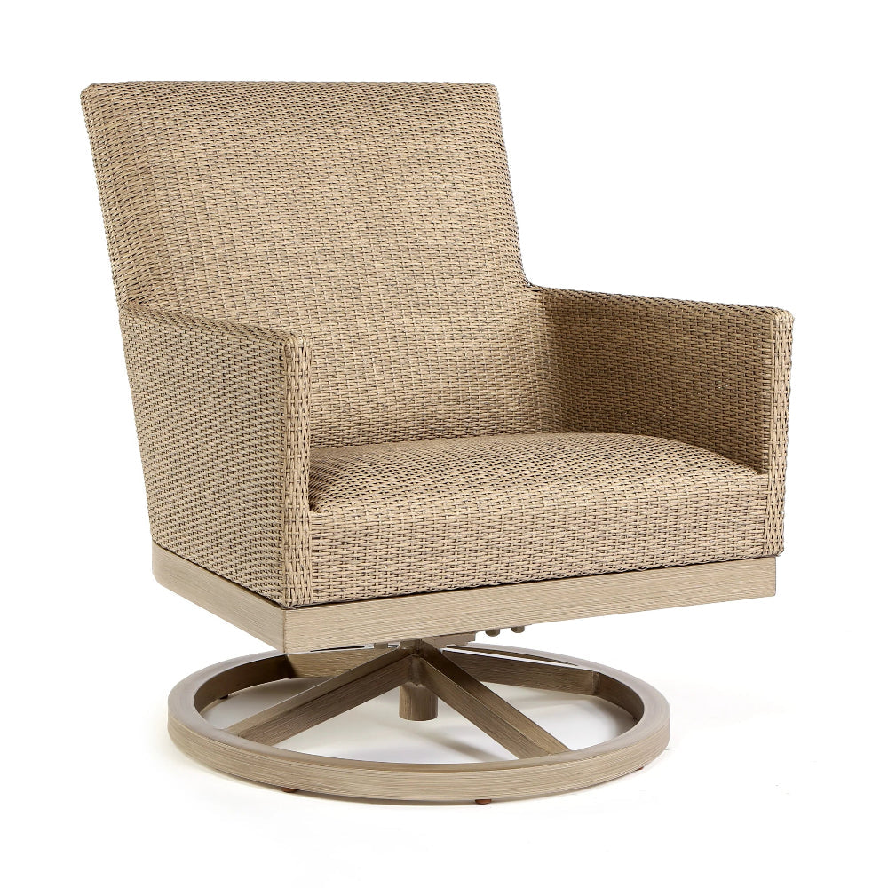 A modern swivel armchair with a woven beige fabric upholstery and a round wooden base, shown against a plain white background.