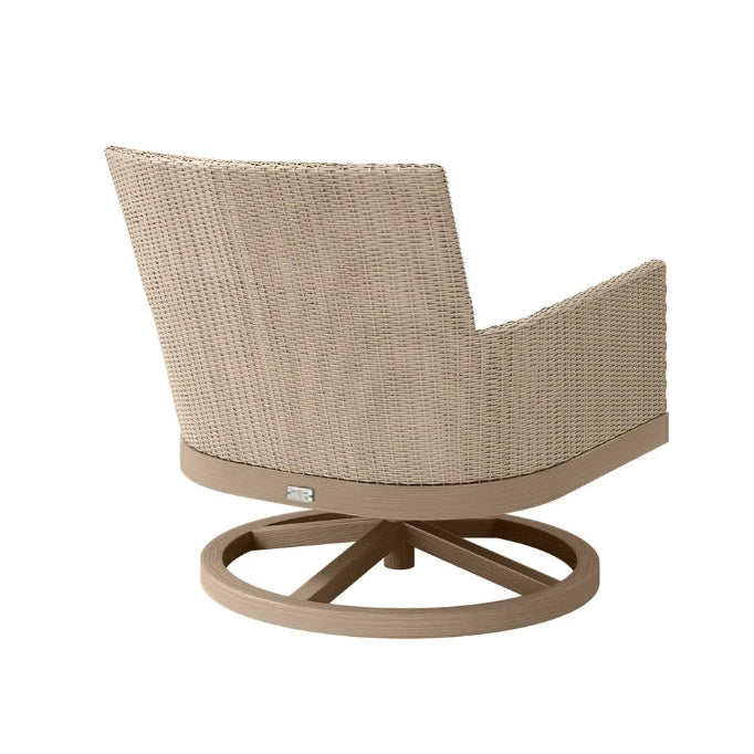 Beige wicker swivel chair on a white background