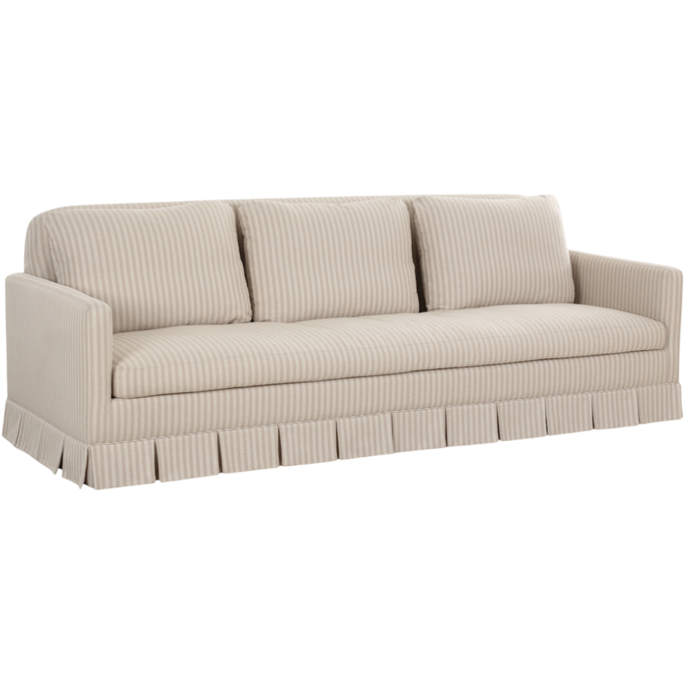 Beige sofa with a striped pattern on a white background