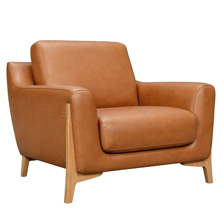 Brown leather armchair on a light white background