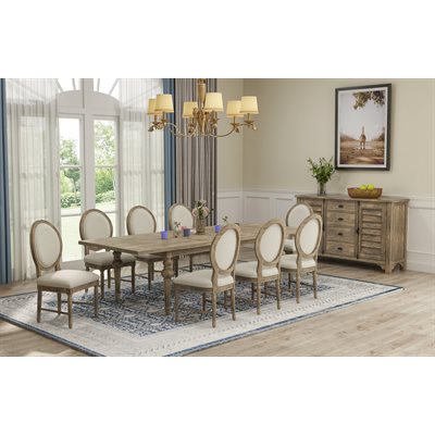 Dining room with wooden table and chairs, chandelier, and sideboard.